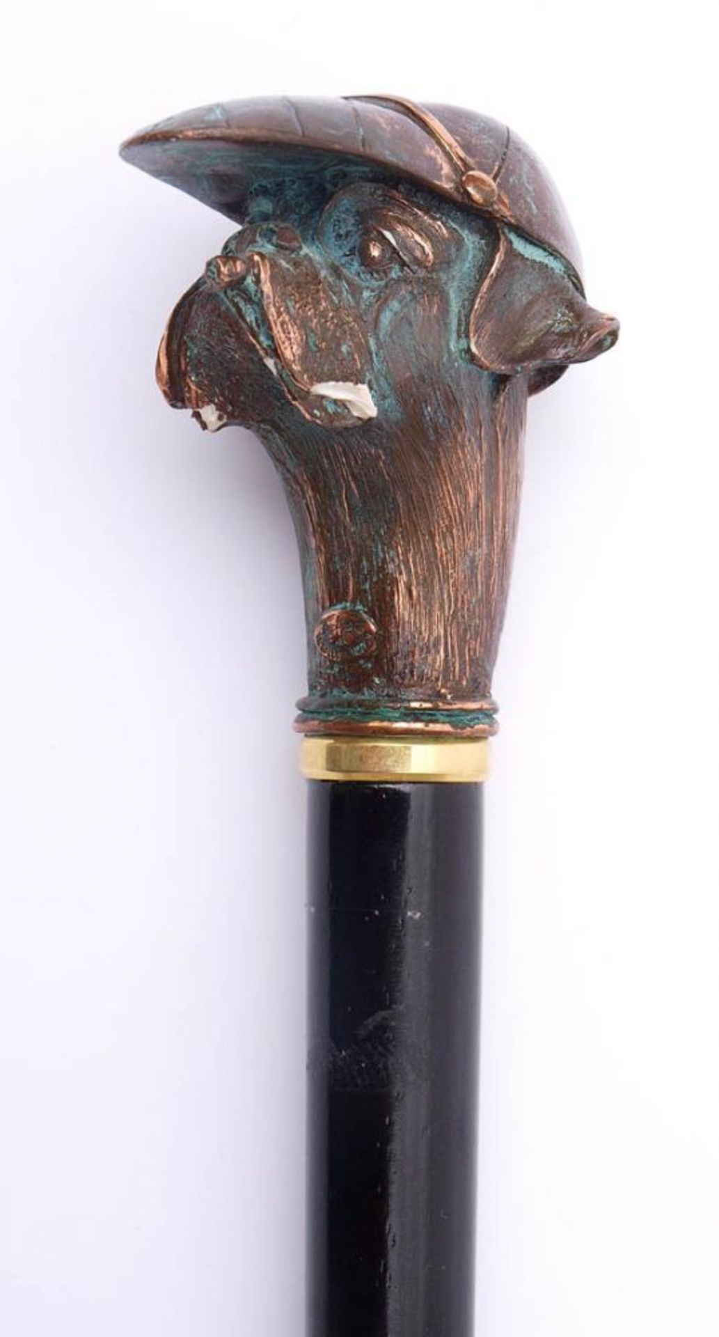 Spazierstock Griff in Form eines rauchenden Terriers mit Mütze. Kupfer, Schuss ebonisiert. H.93cm.