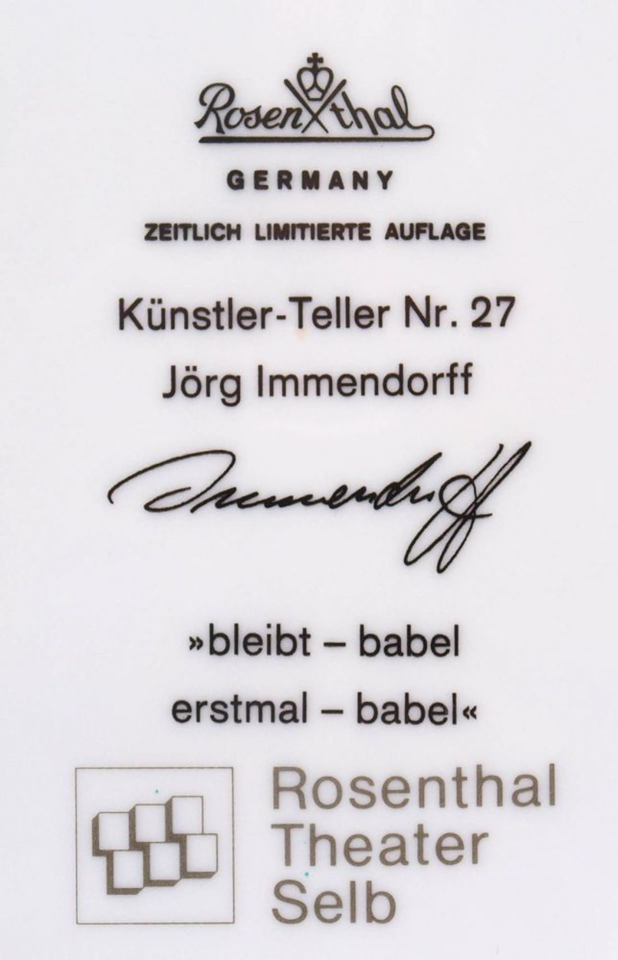 Wandteller, Jörg Immmendorff für Rosenthal Künstlerteller Nr.27. Durchm.26cm.    Aufrufpreis: 30 - Bild 2 aus 2