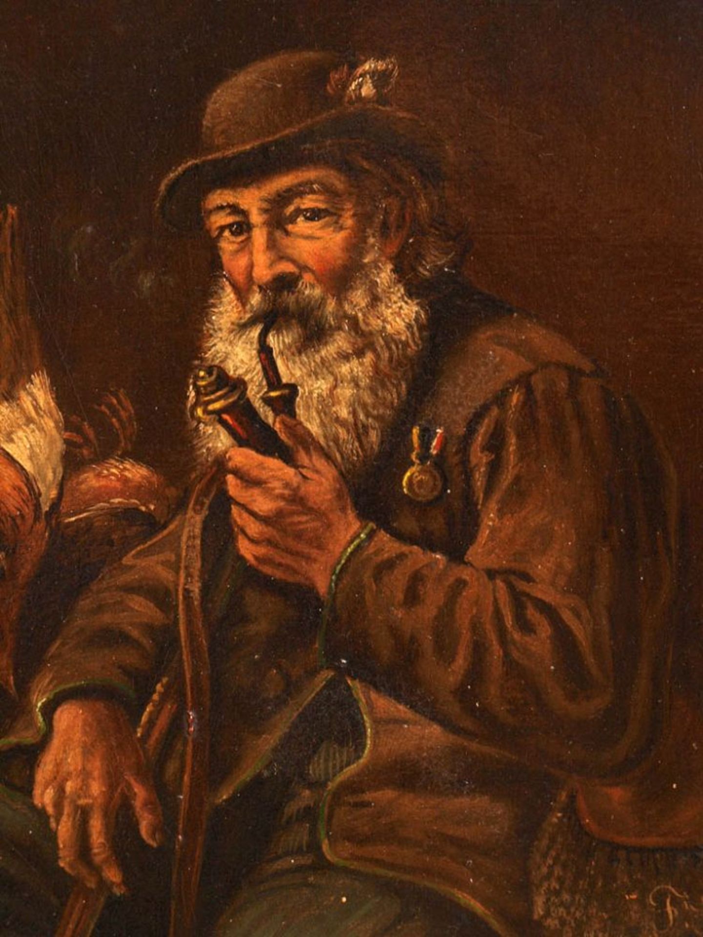 Speck, F., 19.Jhdt. Dreiviertelsportrait eines alten Jägers mit umgehängter Jagdtasche, mit der - Bild 2 aus 3