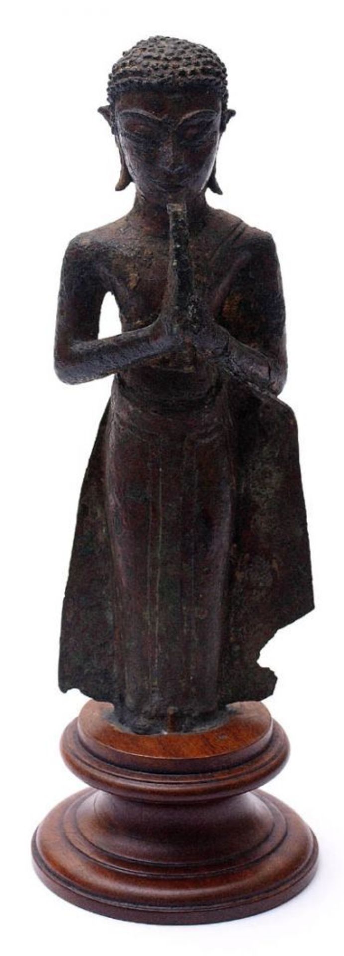 Buddhafigur, Burma, wohl 18./19.Jhdt. Stehend, die Hände zum Gebet gefaltet. Bodenfund. Bronze mit