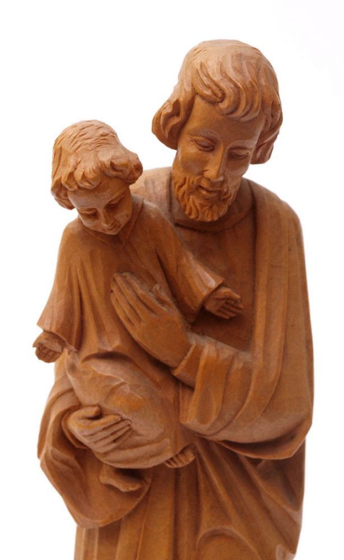 Holzfigur Hl. Joseph mit Jesuskind. Lindenholz, vollrund geschnitzt. H.32cm. - Bild 2 aus 3
