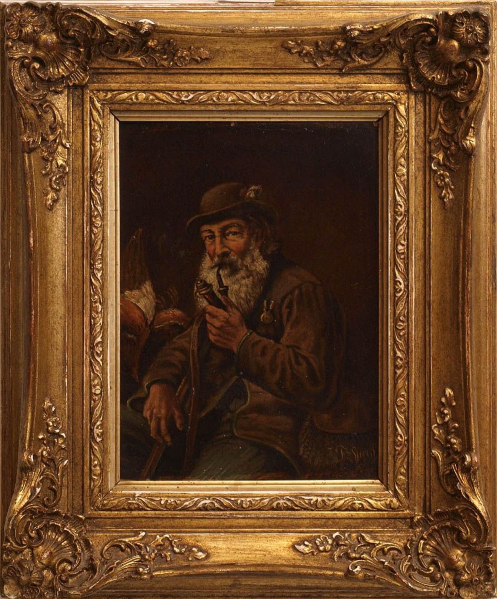 Speck, F., 19.Jhdt. Dreiviertelsportrait eines alten Jägers mit umgehängter Jagdtasche, mit der