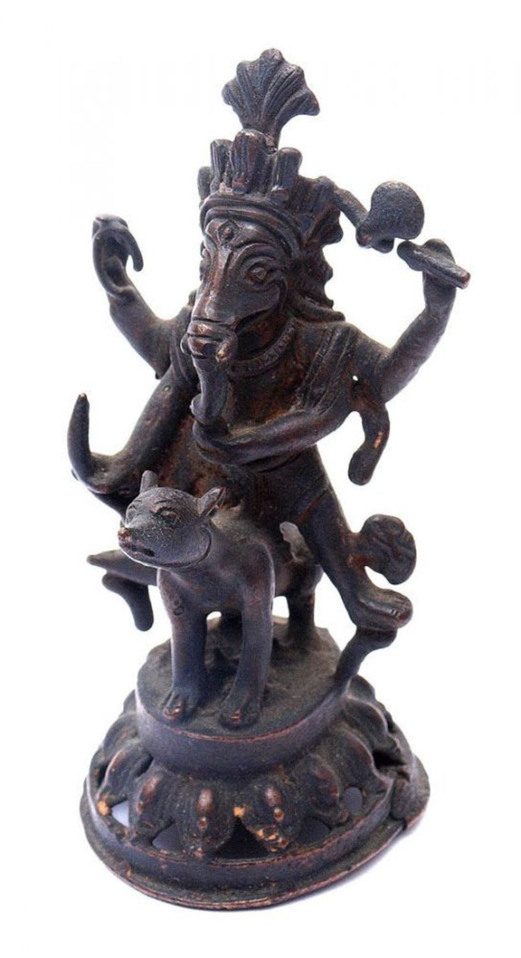 Ganesh Auf einem Fabeltier reitend. Bronze mit dunkler Patina. H.11cm.