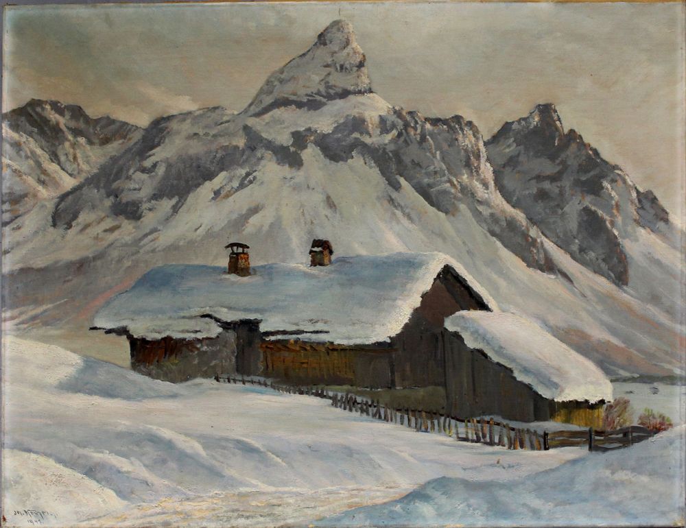 Koch, Josef (1886 München 1966)  "Bauernhaus mit Sonnenspitze Ehrwald Tirol", so verso betitelt.