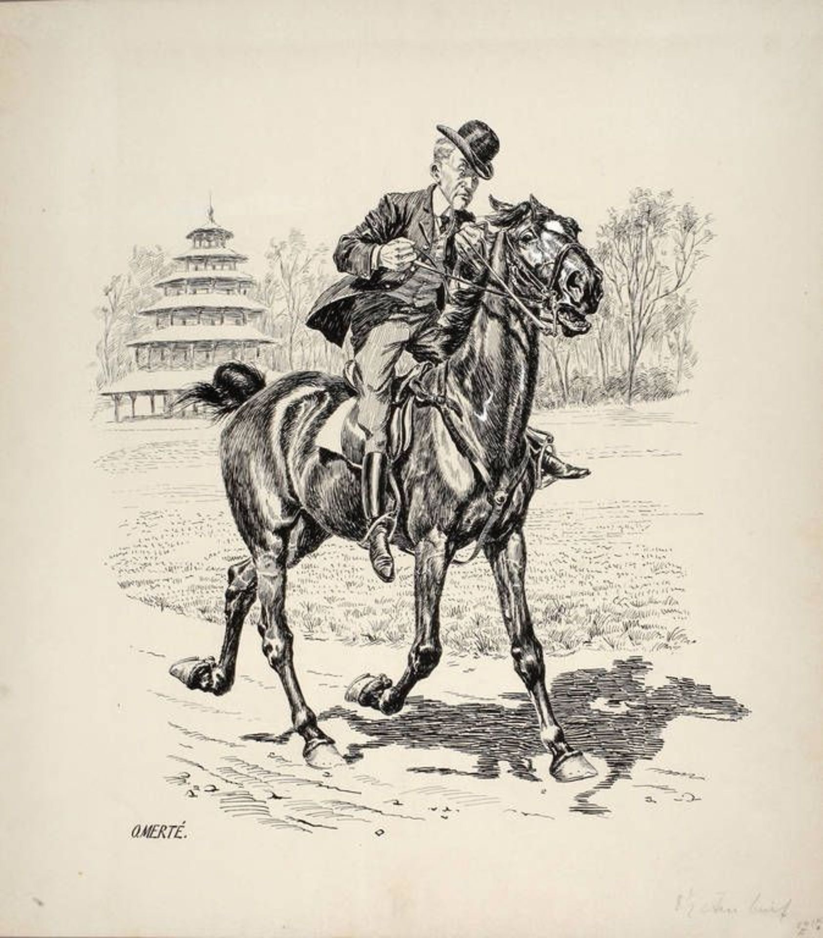 Oskar Merté, "Der Sonntagsreiter"  humorvolle Darstellung eines Reiters mit Anzug vorm