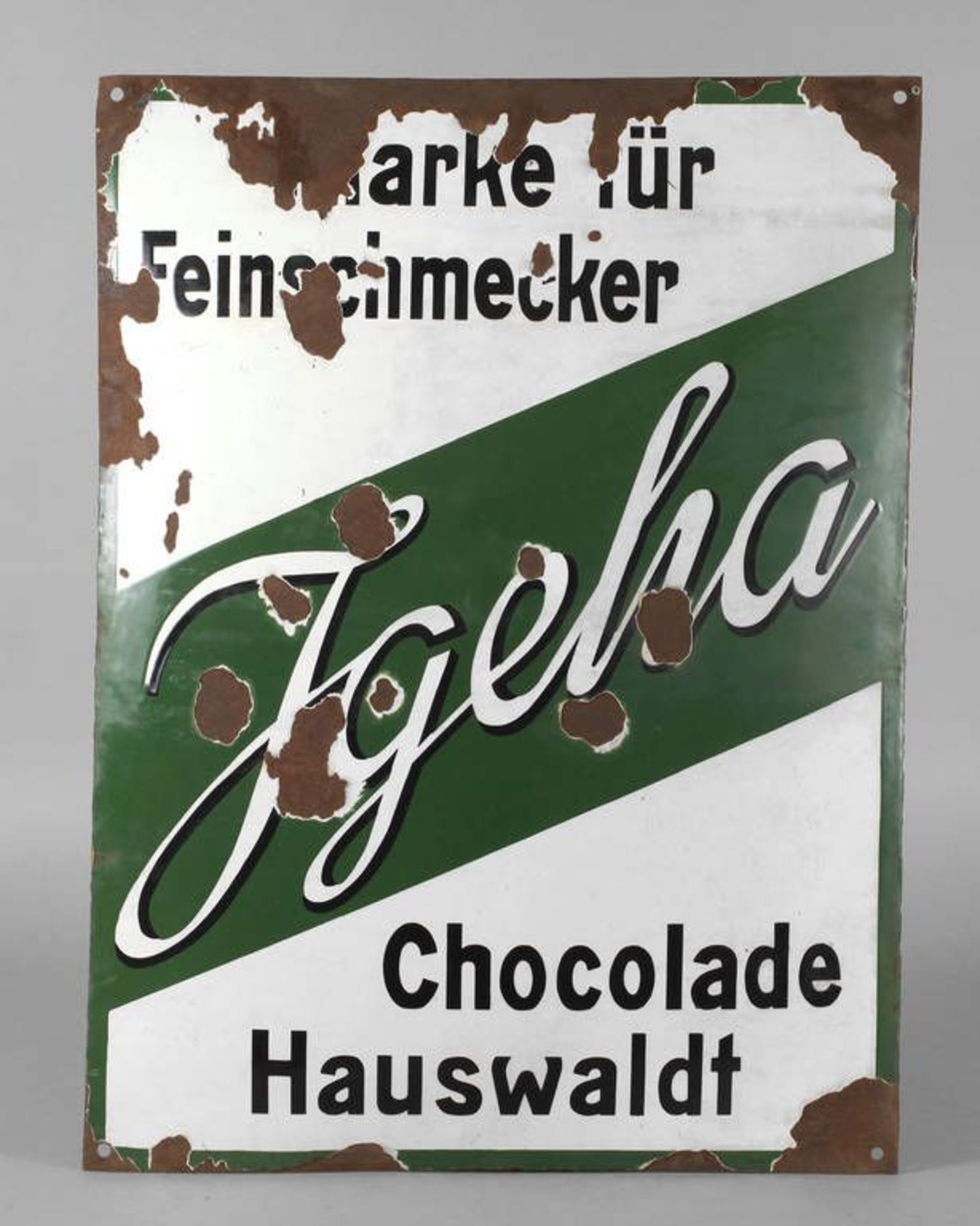 Werbeschild Igeha  um 1930, ohne Herstellerangabe, gebauchtes, hochrechteckiges Blechschild,