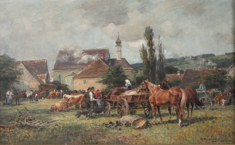 Karl Stuhlmüller, Viehmarkt vorm Dorf  idyllische Sommerlandschaft mit Pferdefuhrwerken und Bauern
