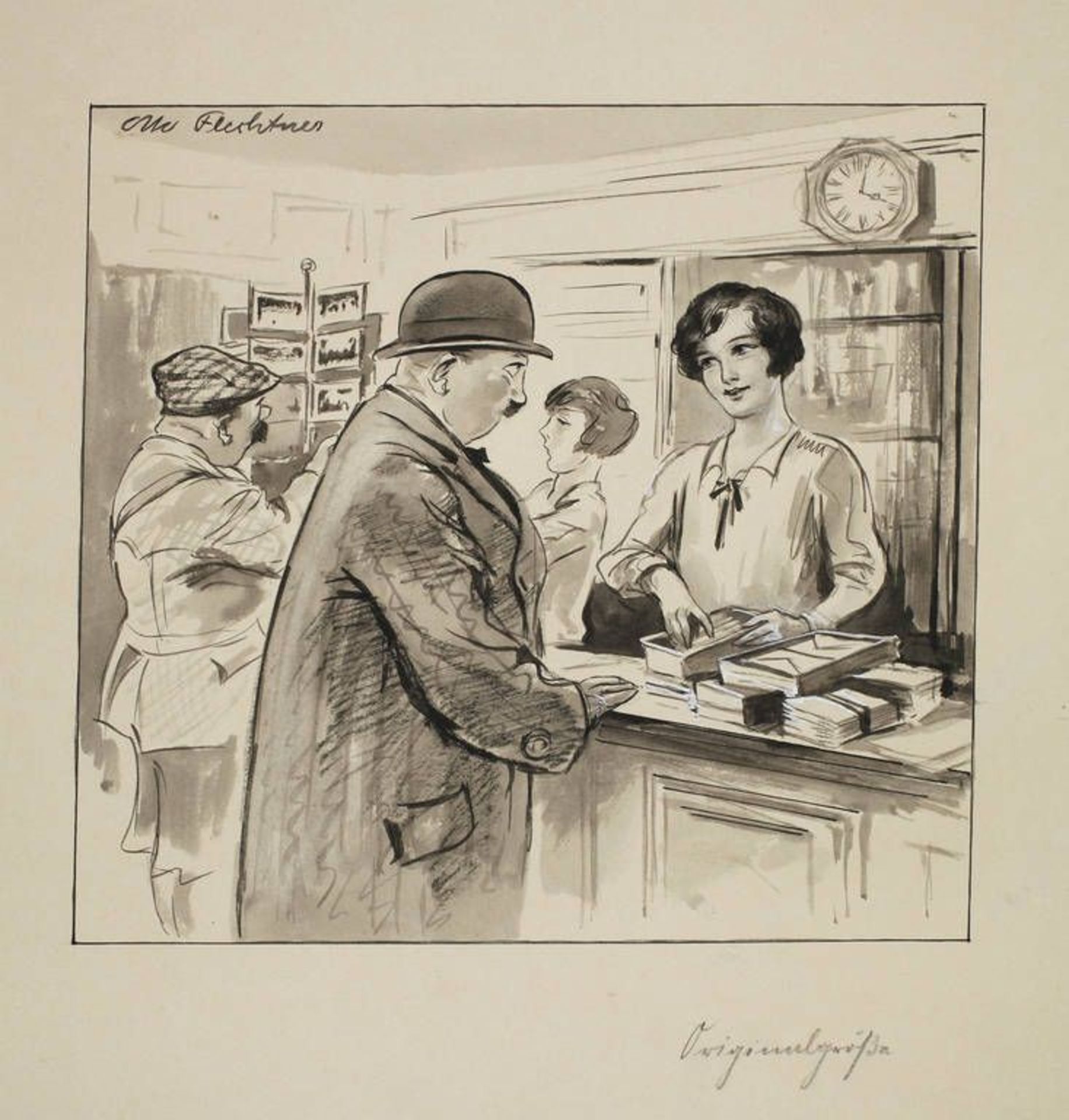 Otto Flechtner, "Brieföffner"  Szene mit älterem Kunden und junger Verkäuferin im Schreibwarenladen,