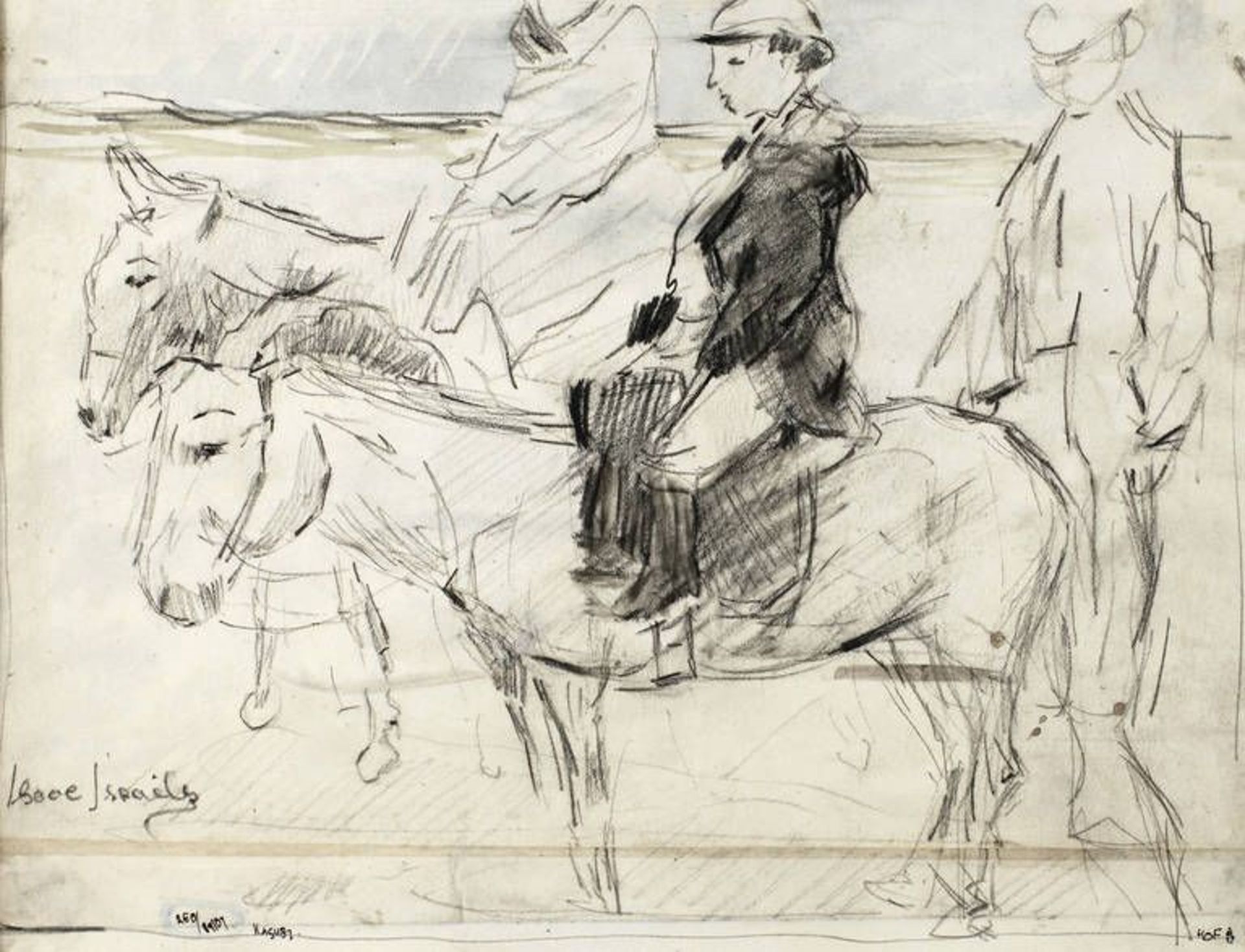 Isaac Israels, "Eselreiter am Strand"  flott erfasste Gedankenskizze mit Figuren auf Eseln und