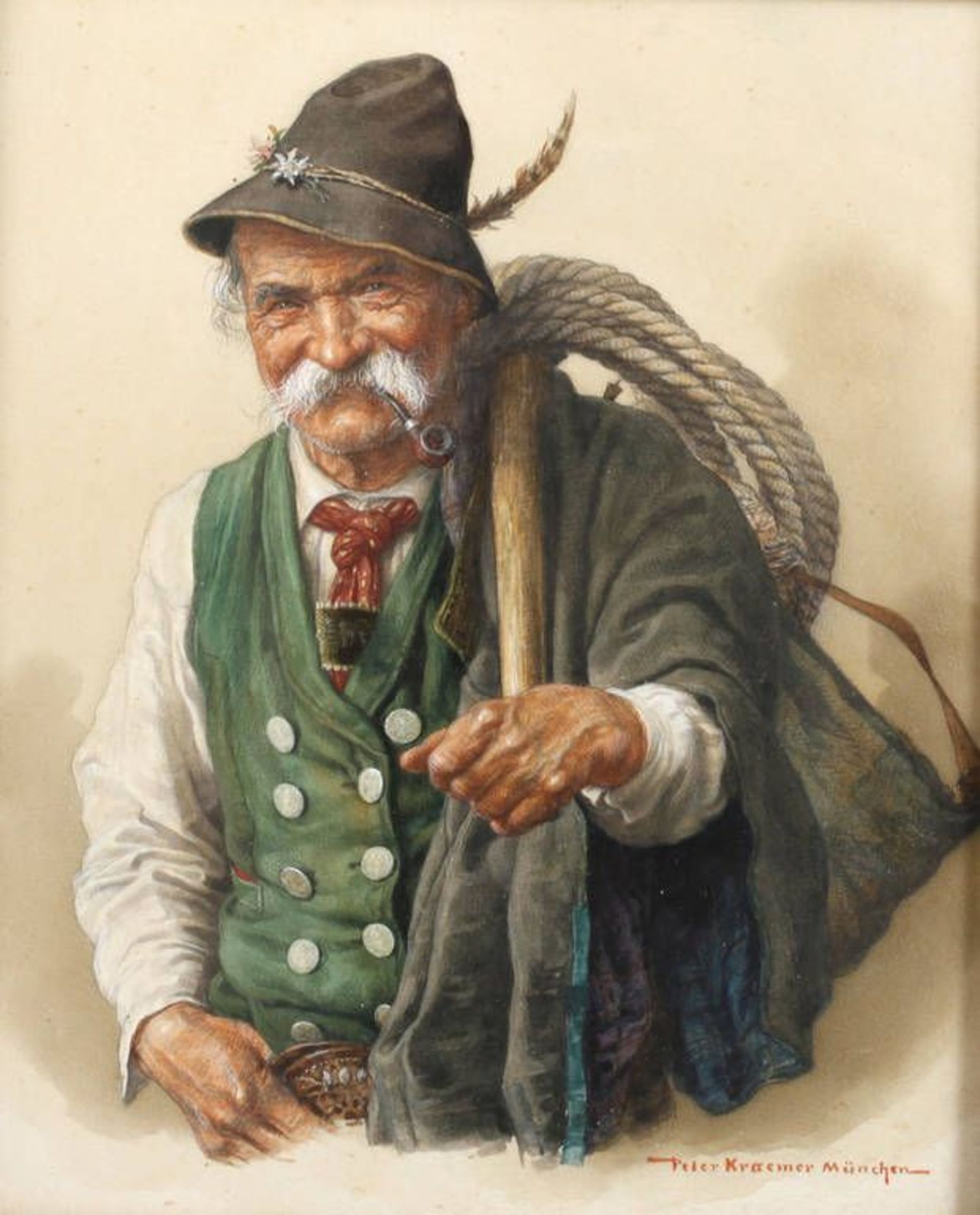 Peter Kraemer II., Bergsteiger  Halbfigurenbildnis eines älteren weißhaarigen Bayern in Tracht,