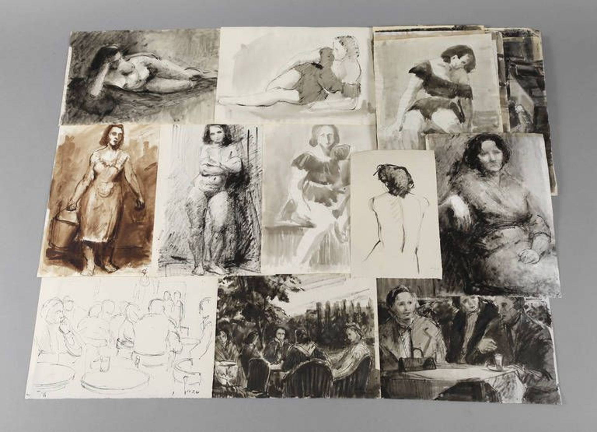 Künstlernachlasskonvolut mit Figurenzeichnungen  enthaltend Aktstudien, Einzel- und Gruppenbilder