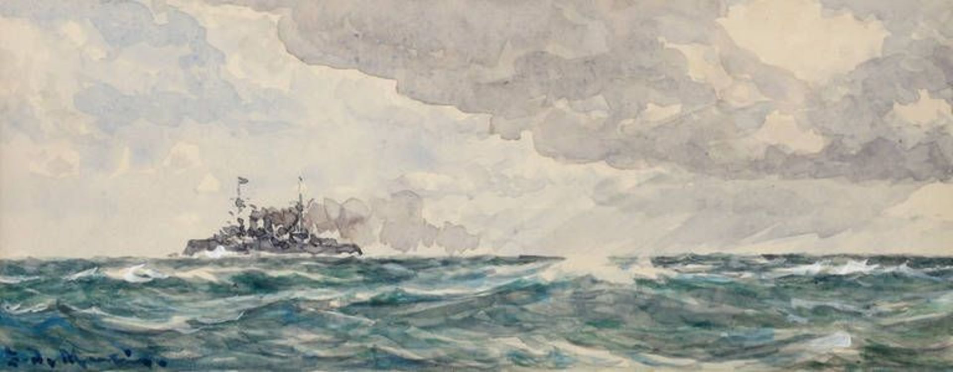 Eduardo de Martino, Kriegsschiff auf hoher See  Schiffsdarstellung unter locker bewölktem Himmel,