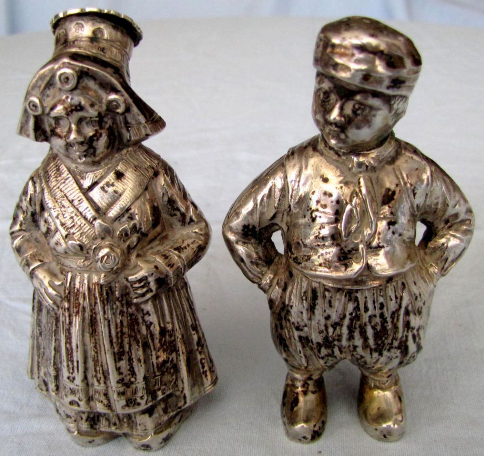 A Pair of Salt and Pepper Shakers, Proably Flanders. Old.  Up to 10.5 cm high. 169 grams gross. In