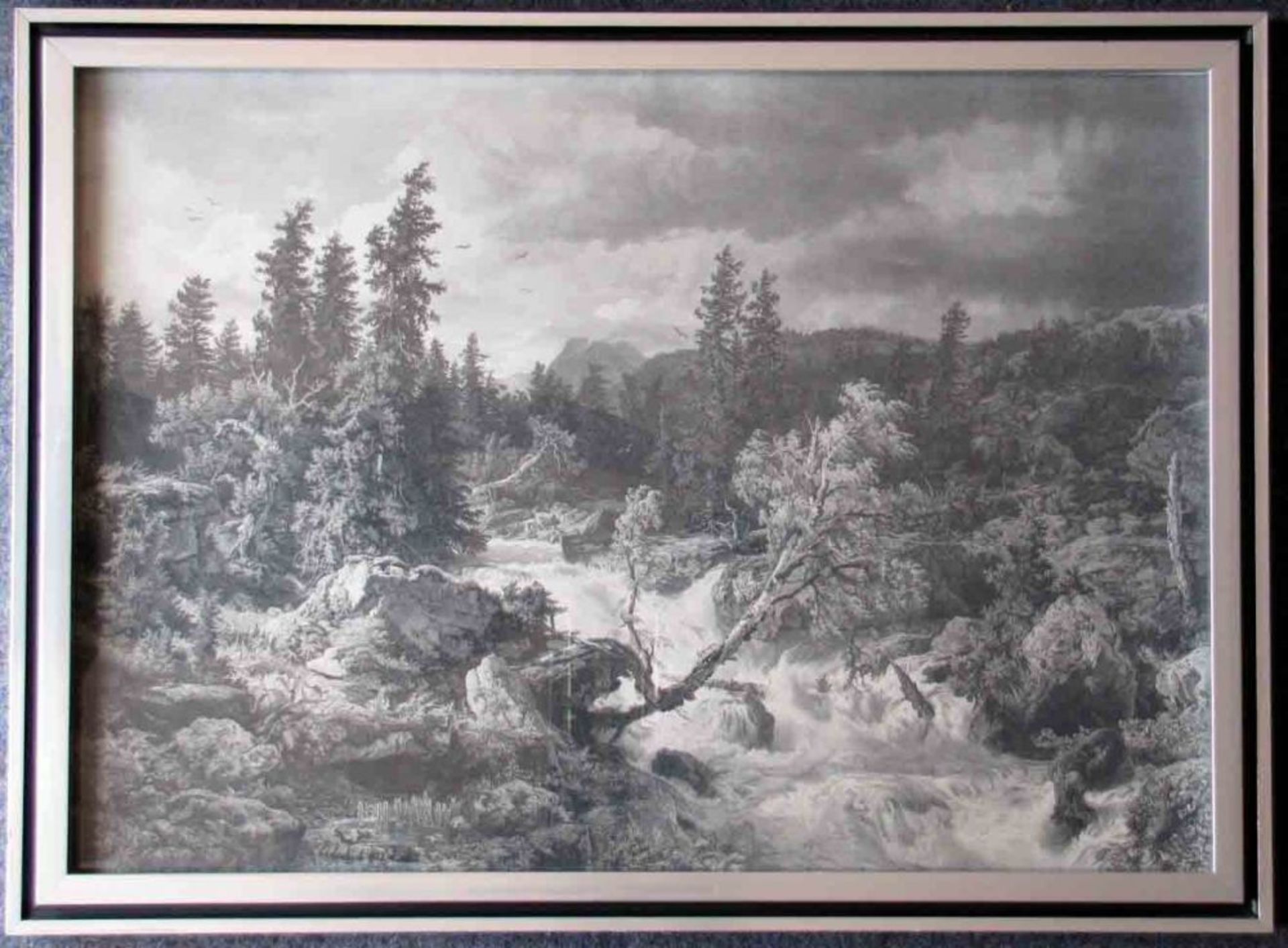 Andreas ACHENBACH (1815 - 1910). Großer Wasserfall, 1853.  49 cm x 70 cm. Steel engraving, framed