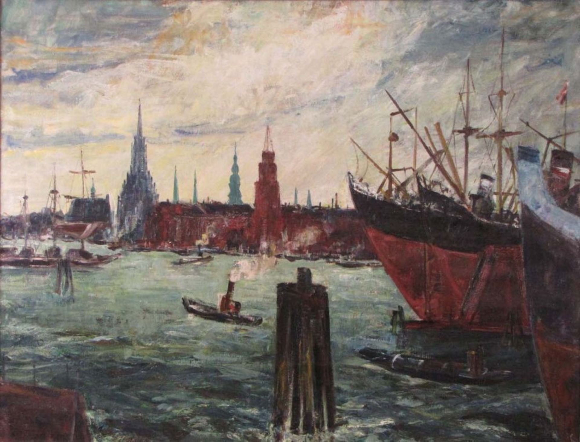Anton LAMPRECHT (1901 - 1984). ''Hamburger Hafen''.  86 cm x 110,5 cm. Painting, oil on canvas.