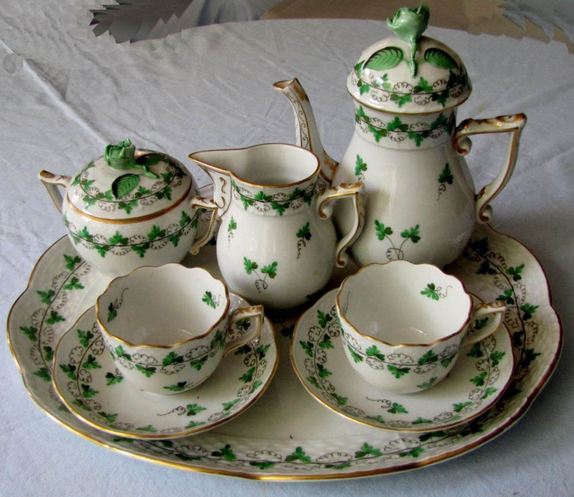 Tete-a-tete, Herend.  Comprising: two mocha cups, mocha pot, milk jug, sugar bowl and tray. This