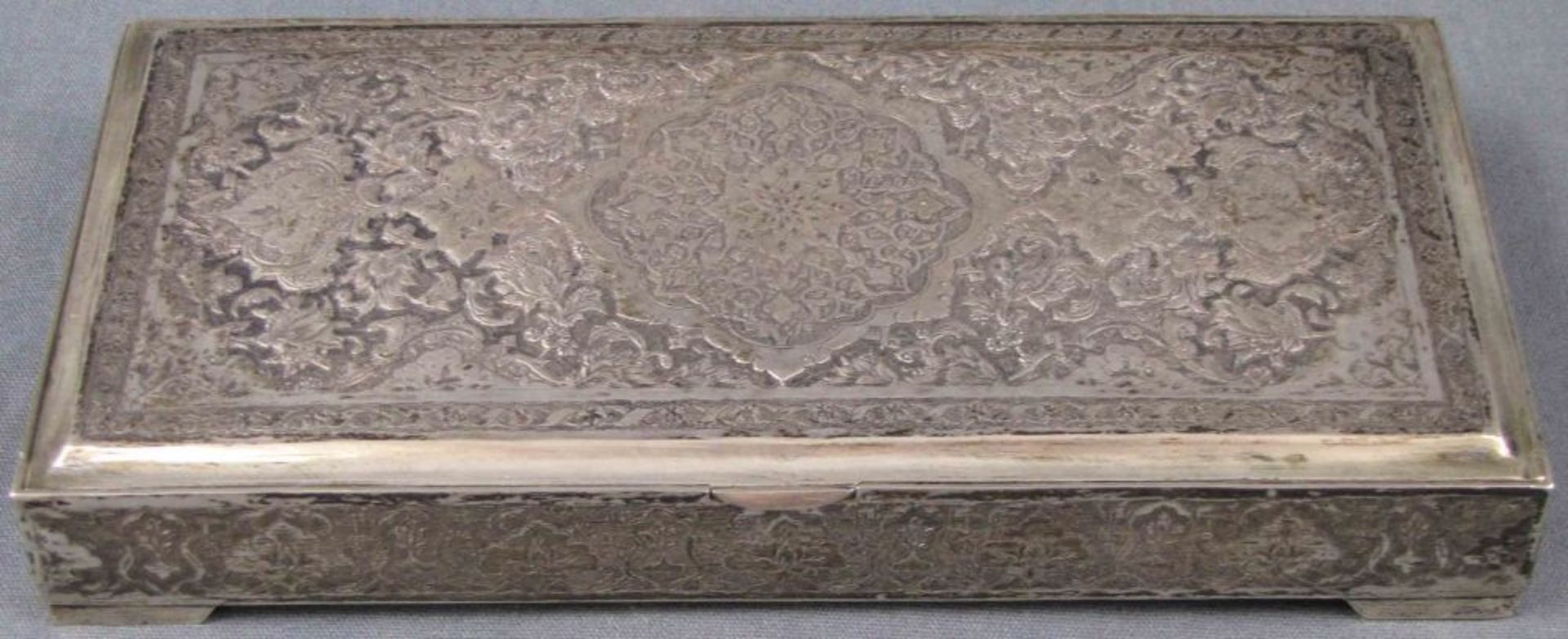 Silver casket. Persian Hallmarks. 394 grams.  2.5 cm x 19 cm x 10 cm. In used condition.