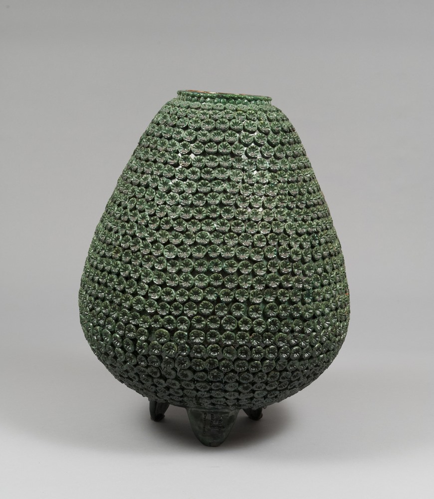 CERAMIC GARDEN VASE, BELGIAN MANUFACTURE 60S  Silhouette of a pine cone, entirely in green enamel,