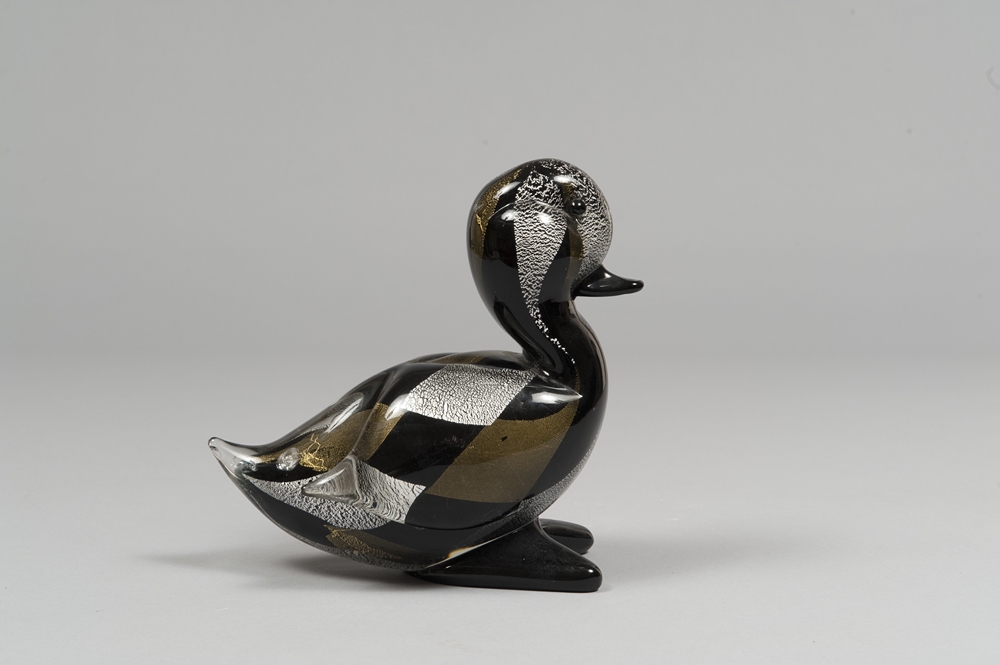 A GLASS DUCK FIGURE, MURANO 60s  with interior frosted and decorated with diamond pattern in silver