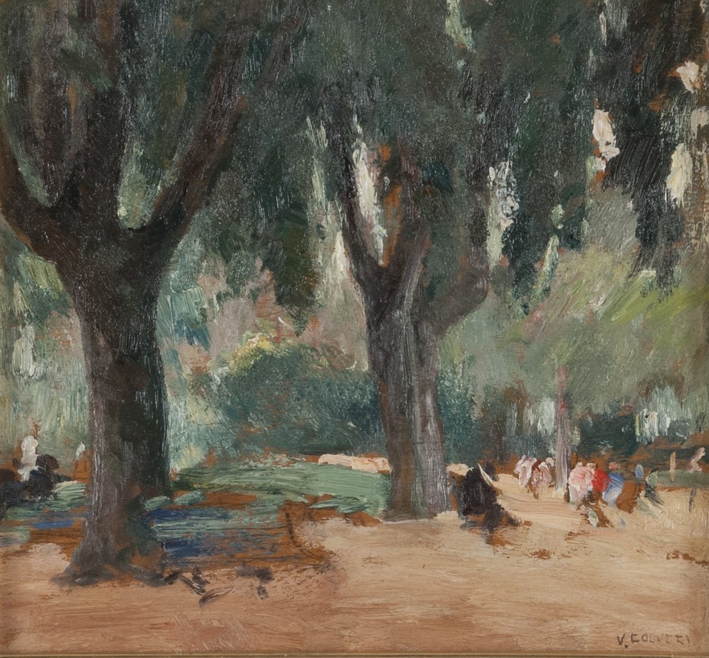 VINCENZO COLUCCI (Ischia 1898 - Lacco Ameno 1970)  Villa Borghese  Oil on panel, cm. 22 x 24