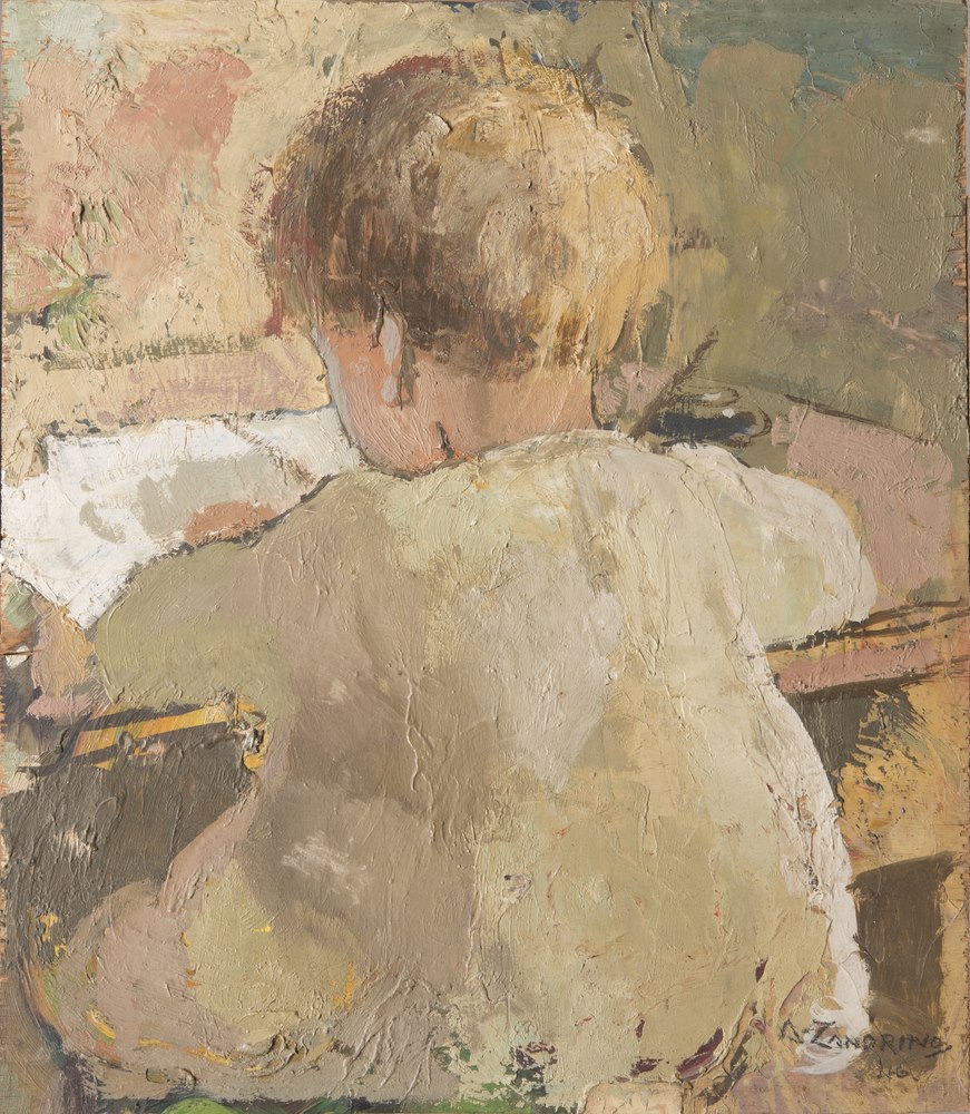 ADELINA ZANDRINO  (Genoa 1893-1994)  Child to class, 1940  Baby   Oil painting on panel double-