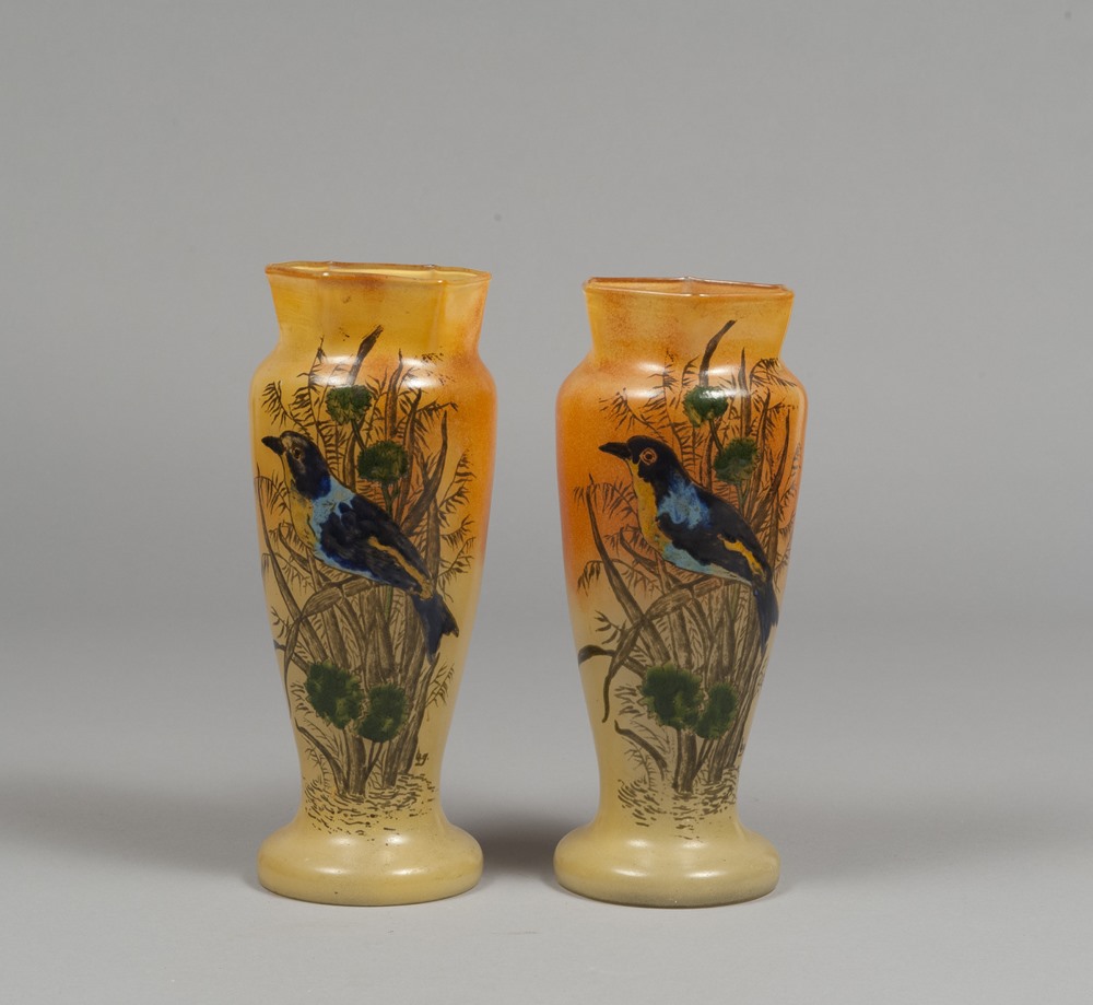 A PAIR OF OPALINE GLASS JARS, FRANCE, EARLY 20TH CENTURY  shaded orange, painted with painted