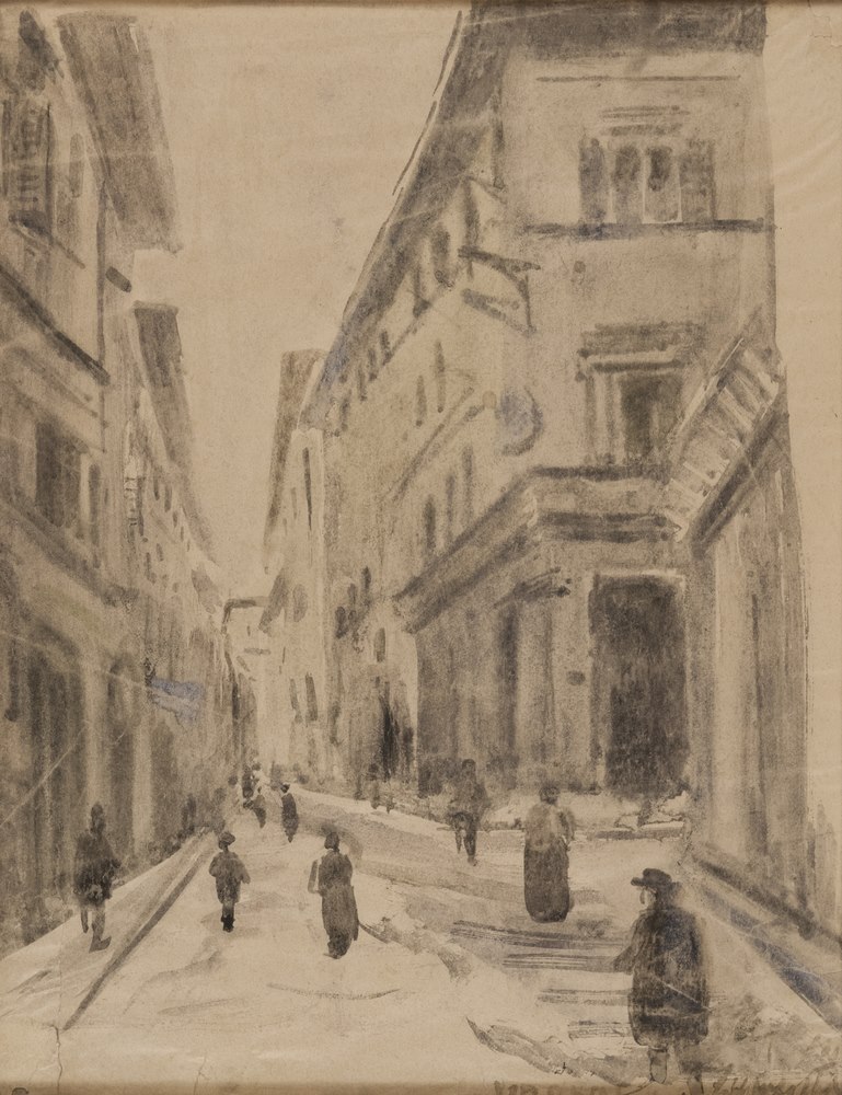 ITALIAN PAINTER, 20TH CENTURY  Via Grande  Watercolor on paper, cm. 45 x 35  Signature difficult to