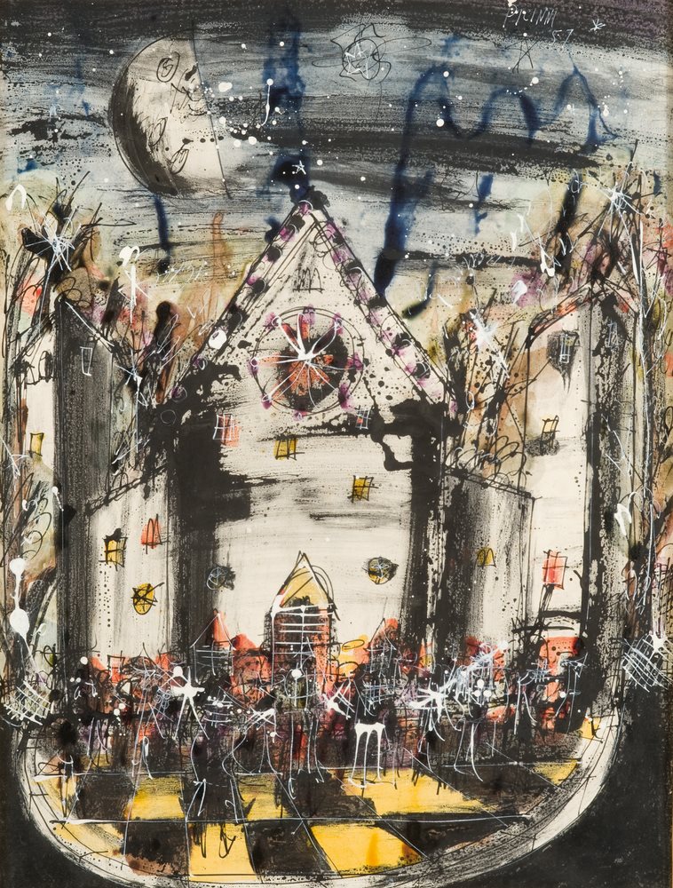 GENNARO PICINNI (Bari 1933) Square with the Cathedral of Bari under the moon, 1957 Gouache and ink