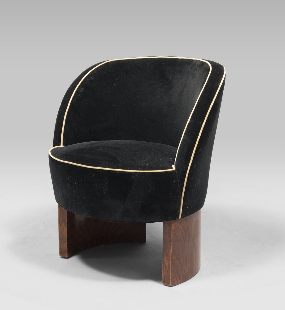 ARMCHAIR, 50s  with seat and back completely covered in black velvet trimmed with cotton.