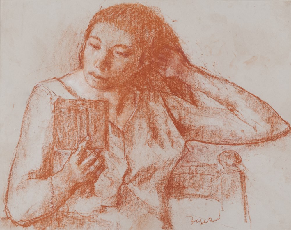 ANTONIO BRESCIANI  (Naples 1902-1998)  Young girl  reading  Sanguine on paper, cm. 37 x 47  Signed