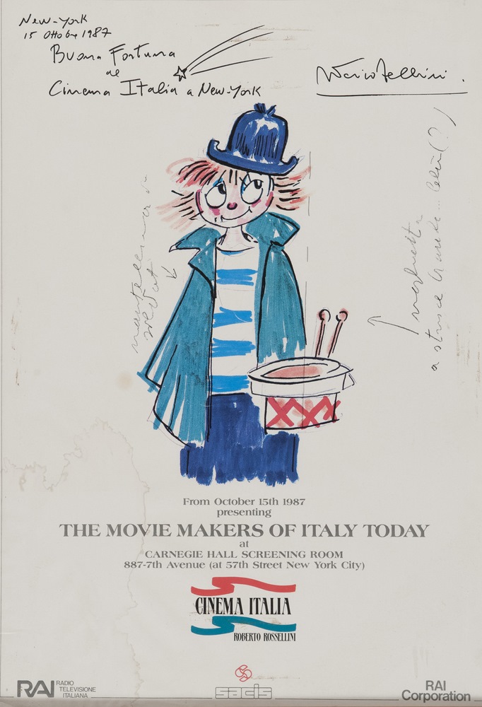 AUTOGRAPH POSTER OF FEDERICO FELLINI  Italian film in New York, depicting Giulietta Masina.