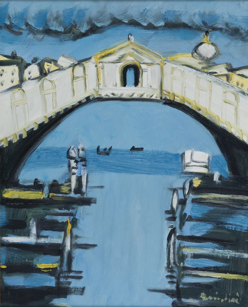 REMO BRINDISI  (Rome 1918 - Lido di Spina 1996)  Venice, the Rialto Bridge, 1990 ca.  Oil on