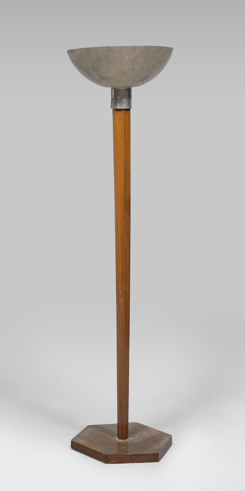 A BEECH AND  CHROME FLOOR LAMP, PROBABLY FRANCE `50s  with cap shade  and polygonal obelisk shaft.