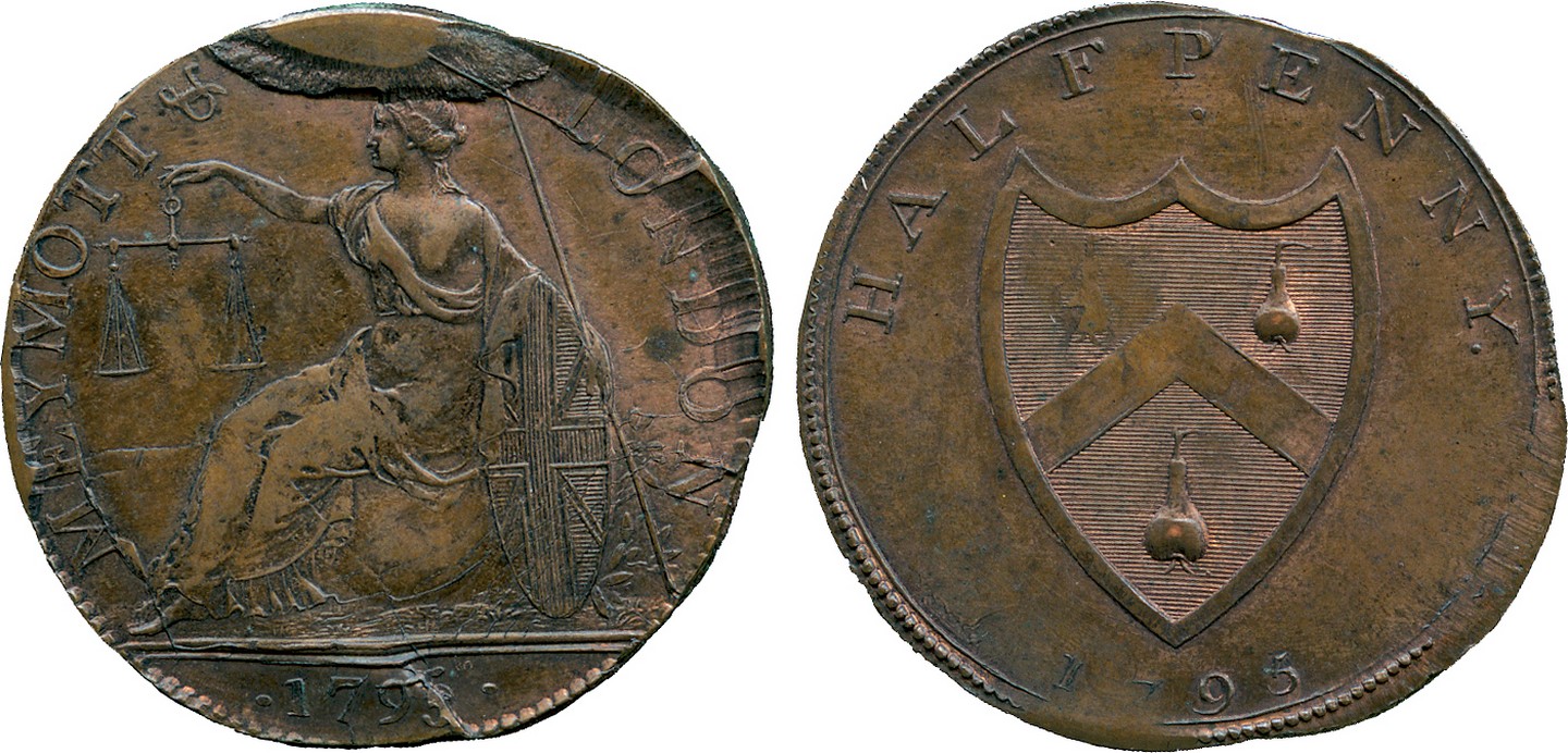 BRITISH 18th CENTURY TOKENS, Thomas Prattent, Copper Halfpenny mule, obv Britannia seated holding a