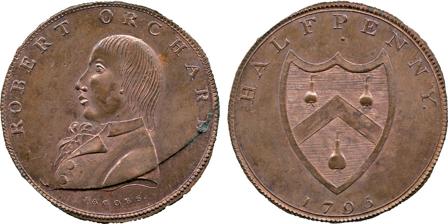 BRITISH 18th CENTURY TOKENS, Robert Orchard, Copper Halfpenny, 1795, obv bust of Robert Orhard in