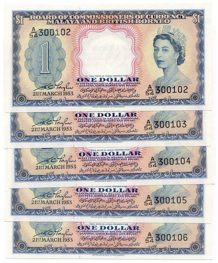 Board of Commissioners of Currency: $1 (5), 21 March 1953, consecutive serial nos.A/54 300102-300106