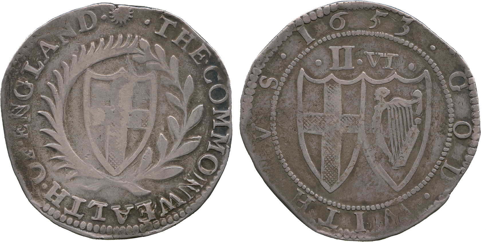 BRITISH COINS, Commonwealth, Silver Halfcrown, 1653, English shield within laurel and palm branch,