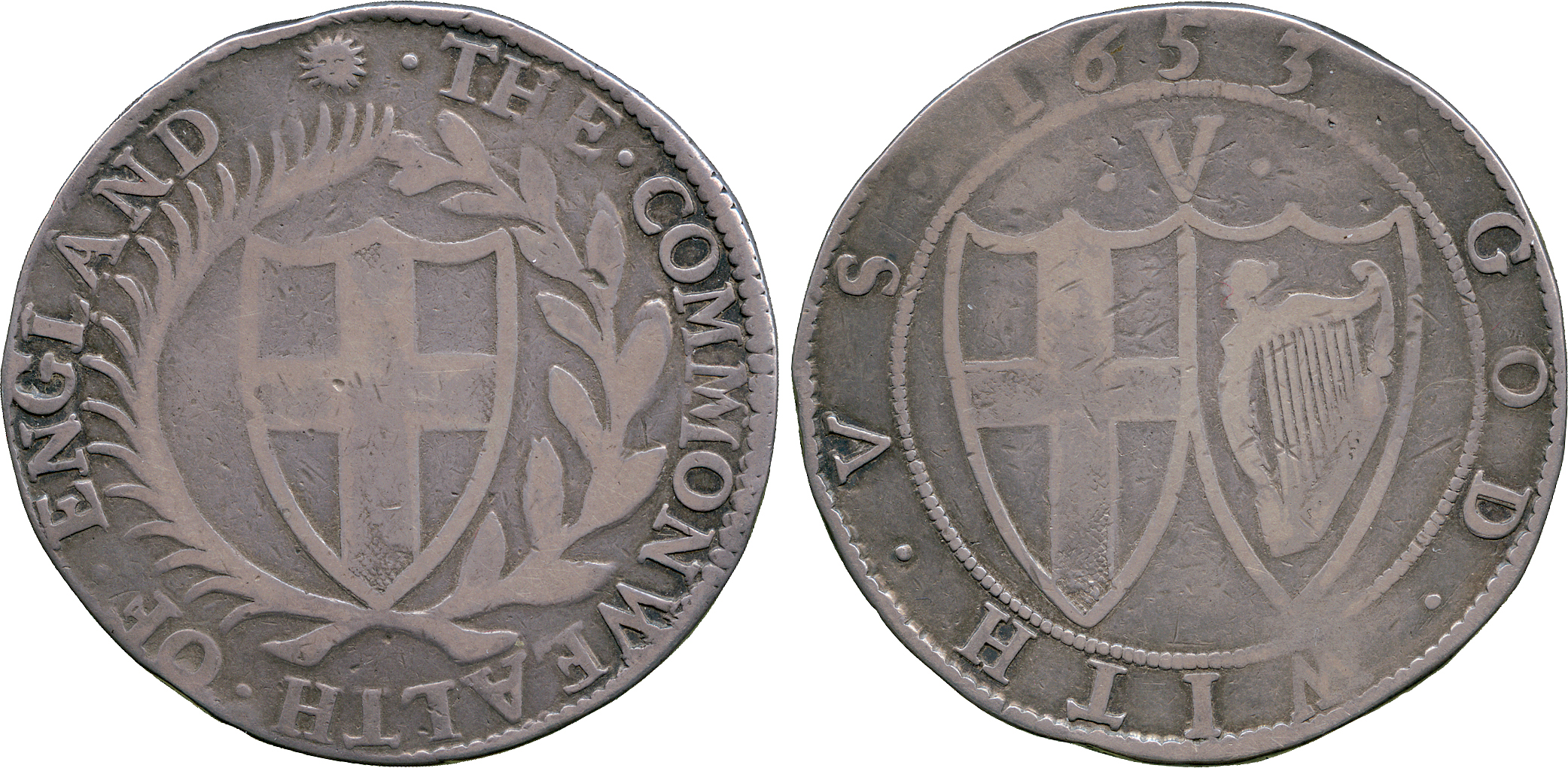 BRITISH COINS, Commonwealth (1649-1660), Silver Crown, 1653, inverted A for V in legend, English