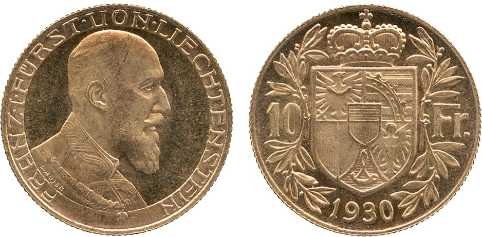 EUROPEAN COINS FROM THE ÅKE LINDÉN COLLECTION LIECHTENSTEIN Principality, Franz I, Gold 10-
