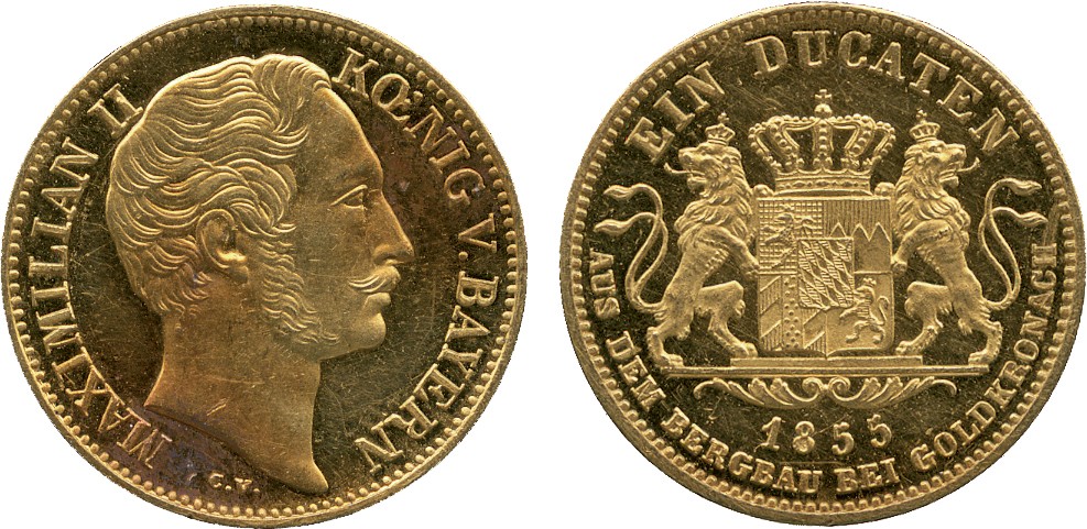 EUROPEAN COINS, GERMANY Bavaria, Kingdom, Maximilian II Joseph (1848-1864), Gold Mining Ducat, 1855,