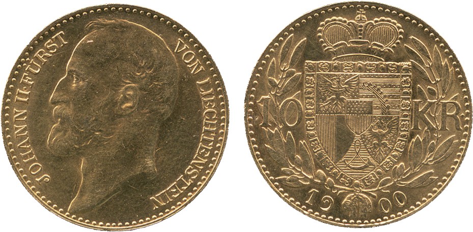 EUROPEAN COINS FROM THE ÅKE LINDÉN COLLECTION LIECHTENSTEIN Principality, Johann II, Gold 10-Kronen,