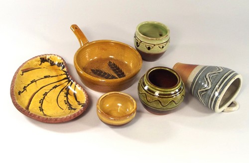 WINCHCOMBE ETC.
Six pieces including Winchcombe slipware, two by Charles Tustin.