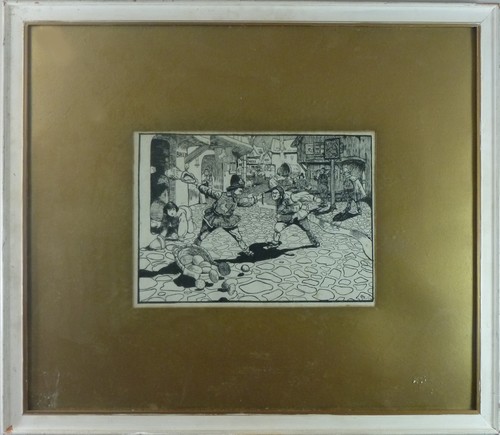 MINNIE SMYTHE.
'Fight Outside the Bakery'. Pen & Ink illustration. Monogrammed & dated 17.3.20.
20 x