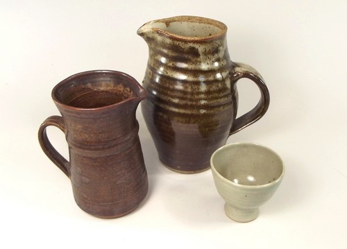 LEACH STANDARD WARE.
A Leach Pottery Standard Ware jug & wine cup & one other piece.