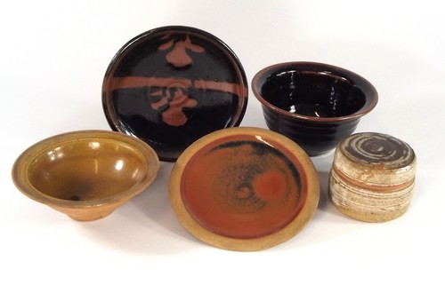 CROWAN POTTERY ETC.
A Crowan plate & bowl, a tenmoku decorated plate impressed 'SP' (possibly John