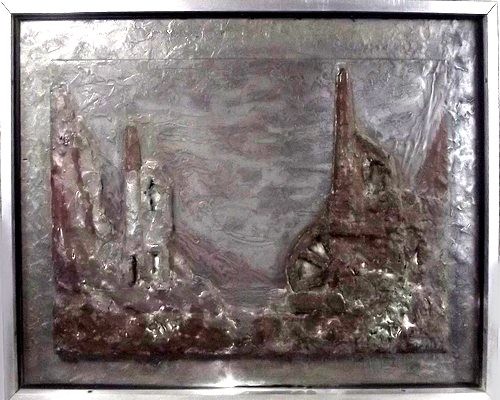 PICTURE.
A fibre glass, sculptural picture of Cornish tin mines by Ron Wood. NSS*