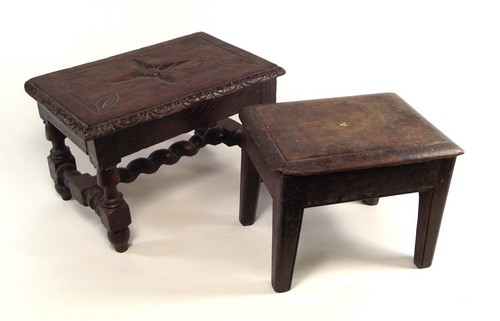 STOOLS.
A carved oak stool with barley twist stretcher & one other stool.