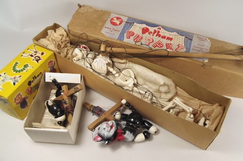 PELHAM PUPPETS.
Three Pelham puppets; an early skeleton, Wuff & a Pelham cat.