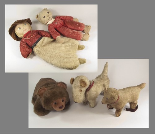 STUFFED TOYS ETC.
Two early 20th century stuffed toy dogs, a stuffed cat, a cowboy pyjama case etc.