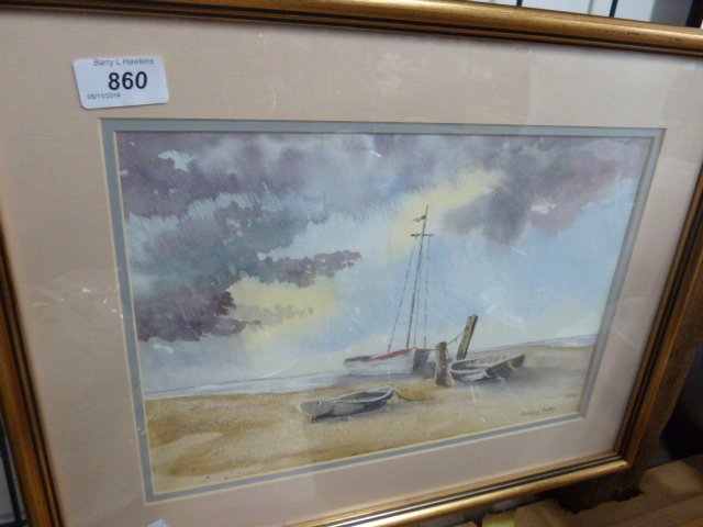 FRAMED AND GLAZED WATERCOLOUR OF BOATS ON SHORE - GEORGE IMPEY